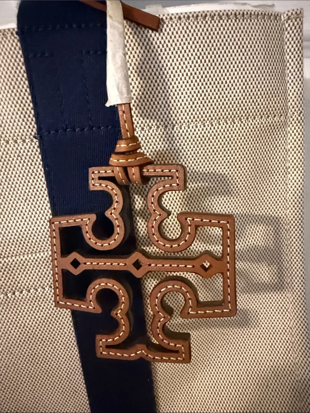 Tory Burch Beige Canvas Tote with Navy Straps and Brown Logo Charm